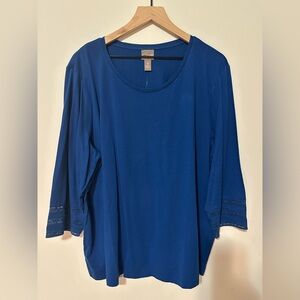 Chico's Scoop Neck Tee SZ 4 Embroidered  Sleeves Accent 3/4 Sleeves Color Coral